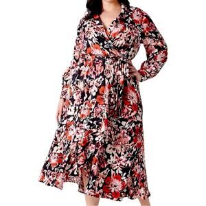 Lane Bryant Maxi Dress Faux Wrap Shawl Black Pink Floral Satin Women’s Size 18